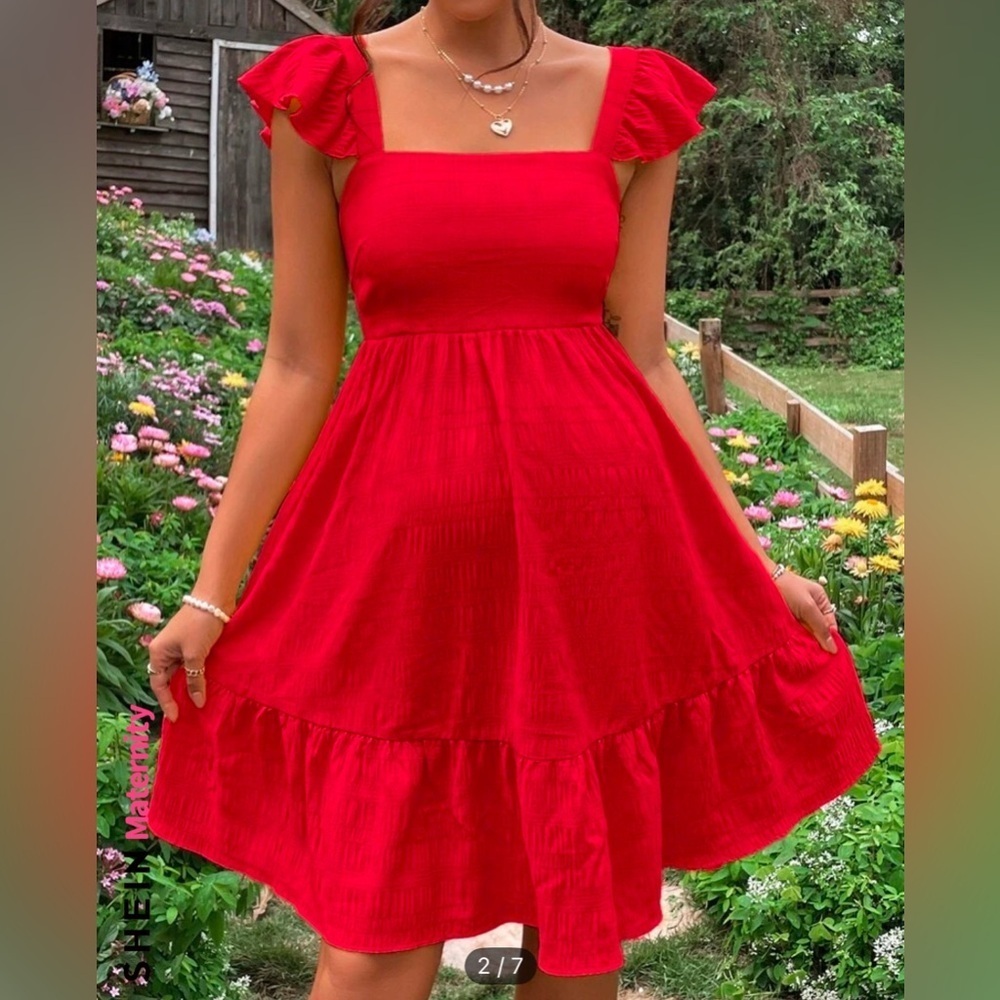 Red Ruffle Sleeve Dress - Picture 4 of 8